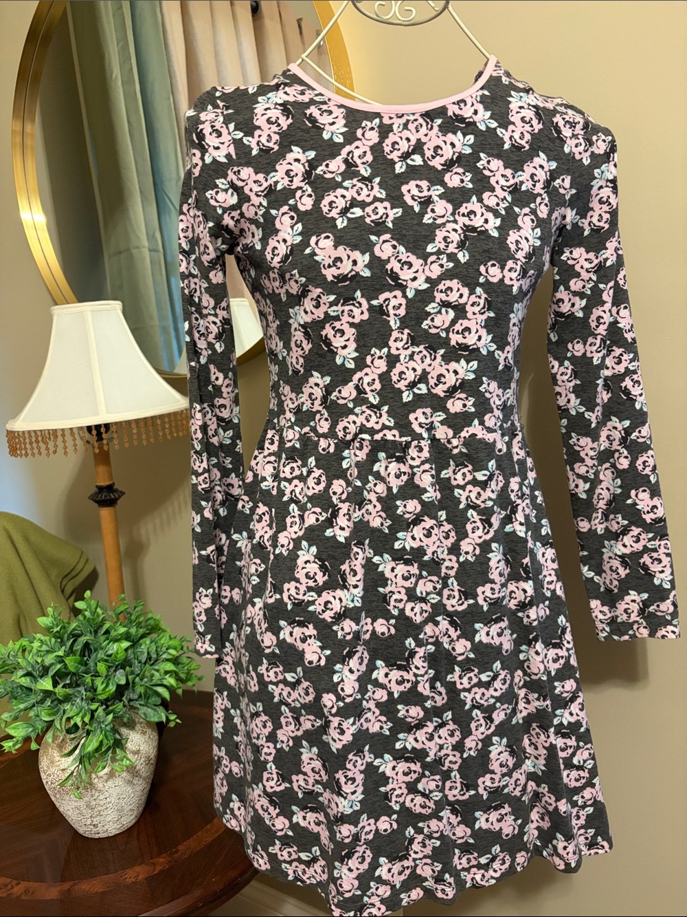 French Toast Gray Long-Sleeve Floral A-Line Dress with Pink Roses